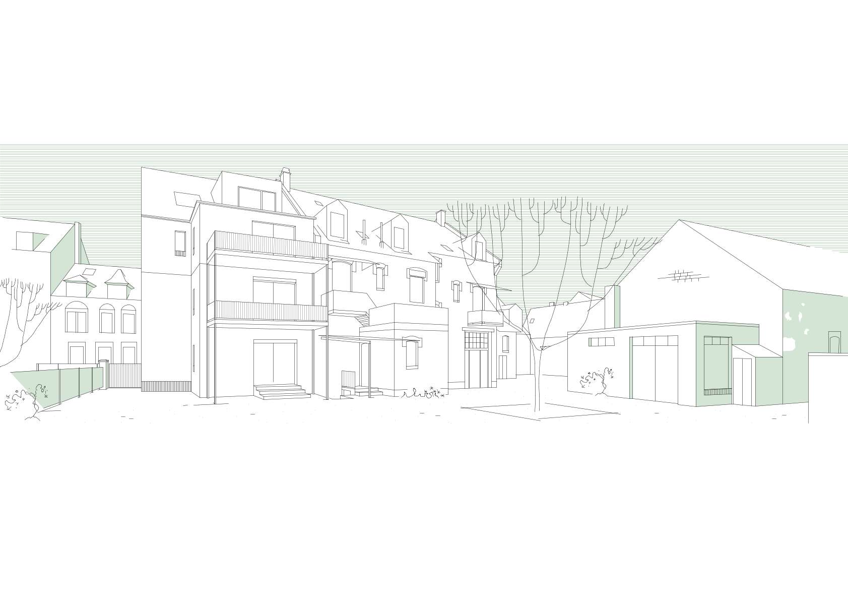 Visualisierung des sanierten Co-Living Geb&auml;udes